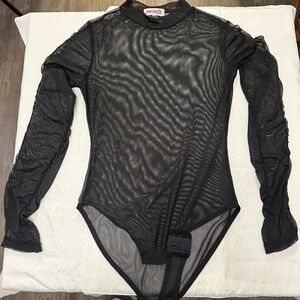 Black Mesh Bodysuit with High Neck and Long Sleeves